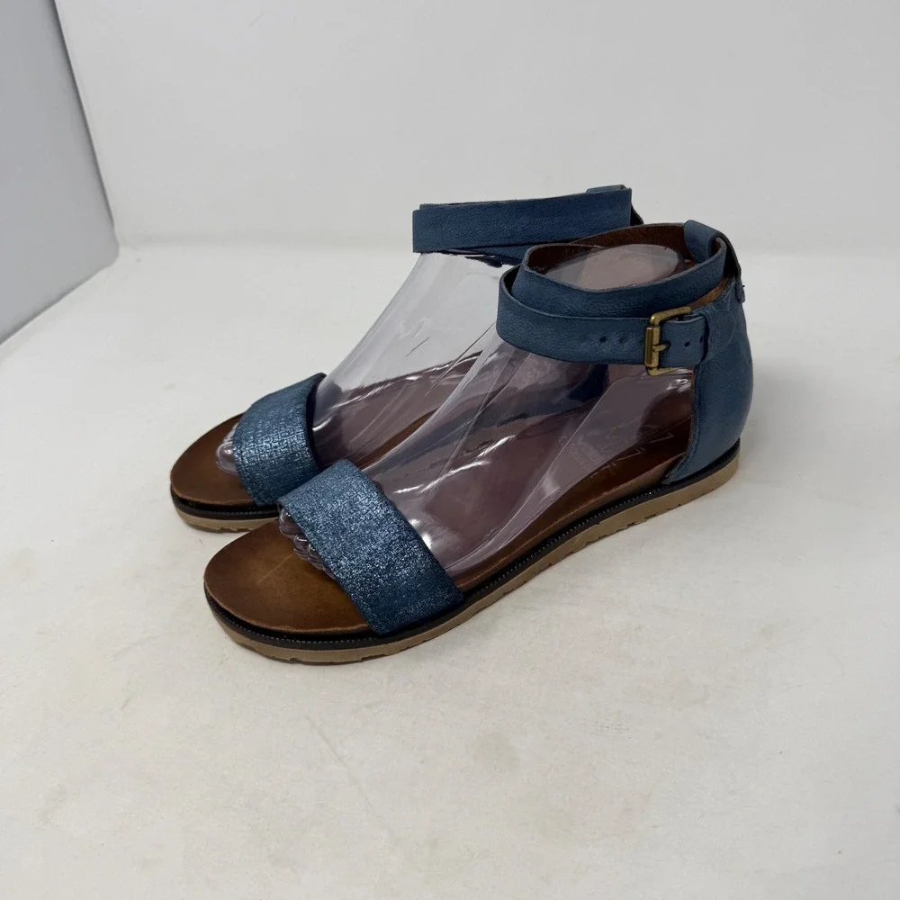 Miz Mooz Verona Collection Sandals Blue 9 Leather Ankle Strap Metallic Flat
